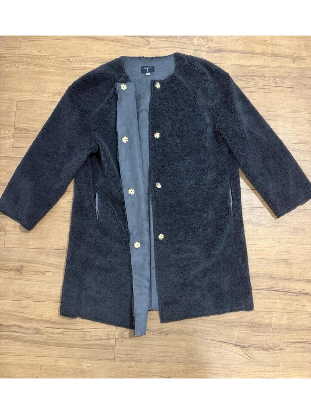 Tahari Black Mid-Length Coat Button Front Lined w/ Pockets Women's L